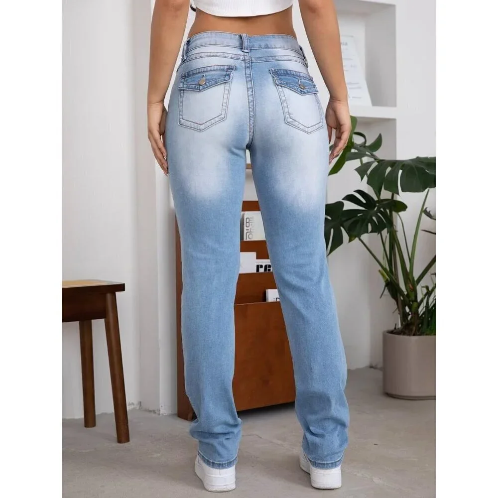 Women's Stretchy Mid Rise Bootcut Jeans Solid Wash 90s Straight Leg